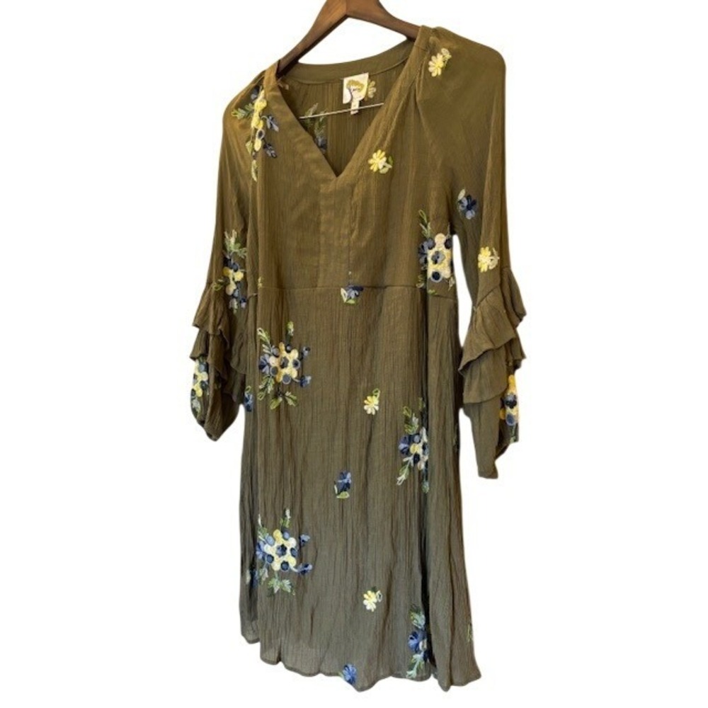 Fig and Flower Olive Green Floral Embroidered Ruffle Sleeve Boho Dress Medium
